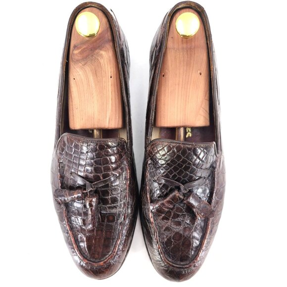 Vintage Exotic Crocodile by Paris Shoes Mens 10D Custom Made Brown Dress Loafers - Picture 3 of 12